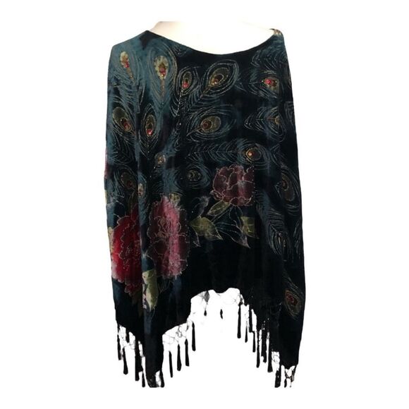 Coldwater Creek peacock poncho velvety with fringe excellent like new condition - Picture 7 of 15